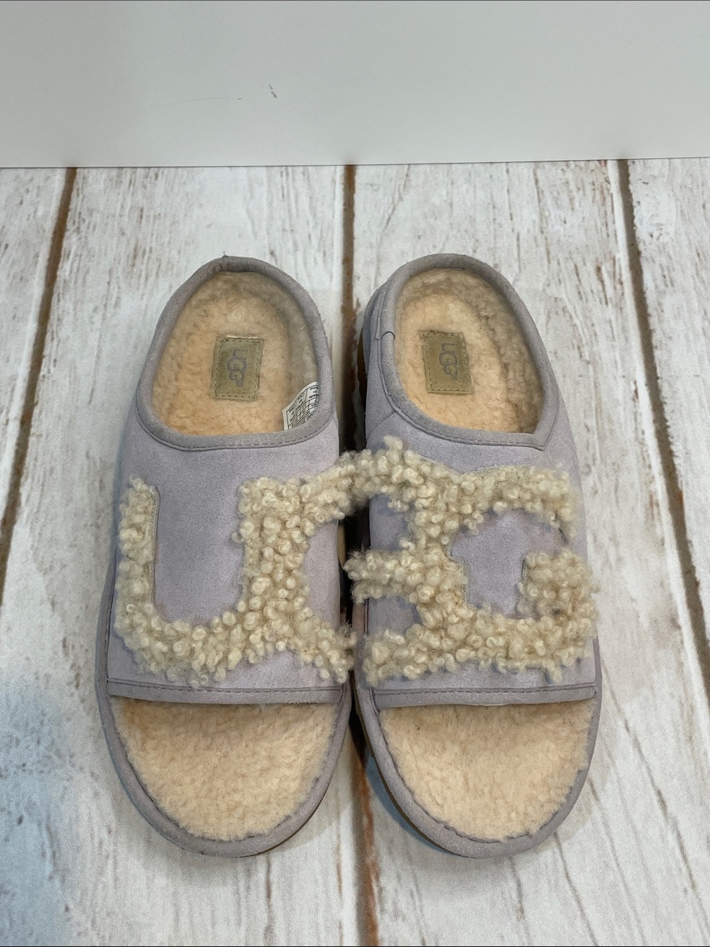UGG Slippers 7 Gray Purple Suede Shearling Slide Mules Open Toe / Low Heel